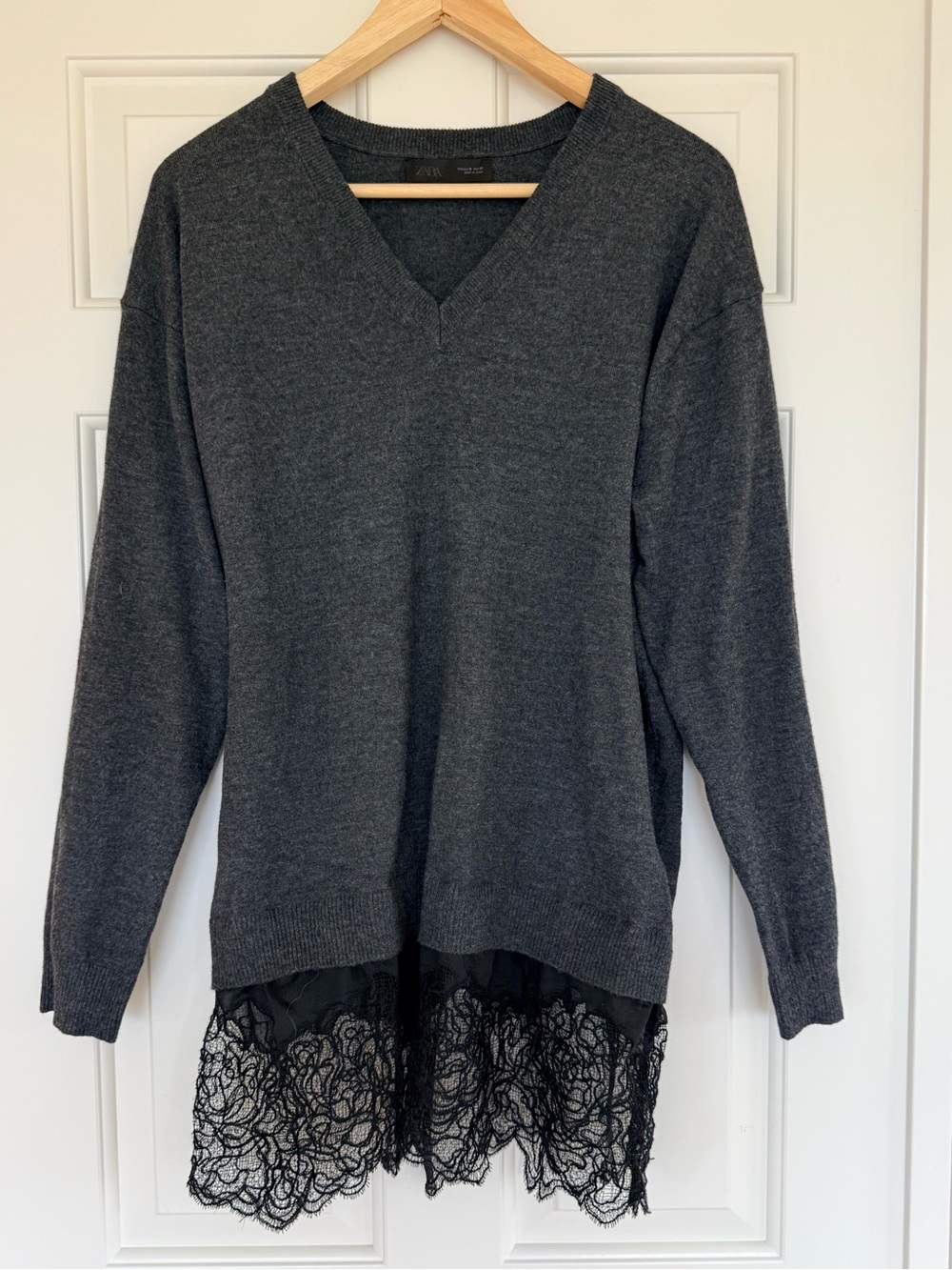 Zara Dark Long Combination Lace Knit Jumper Gray Knit Sweater M